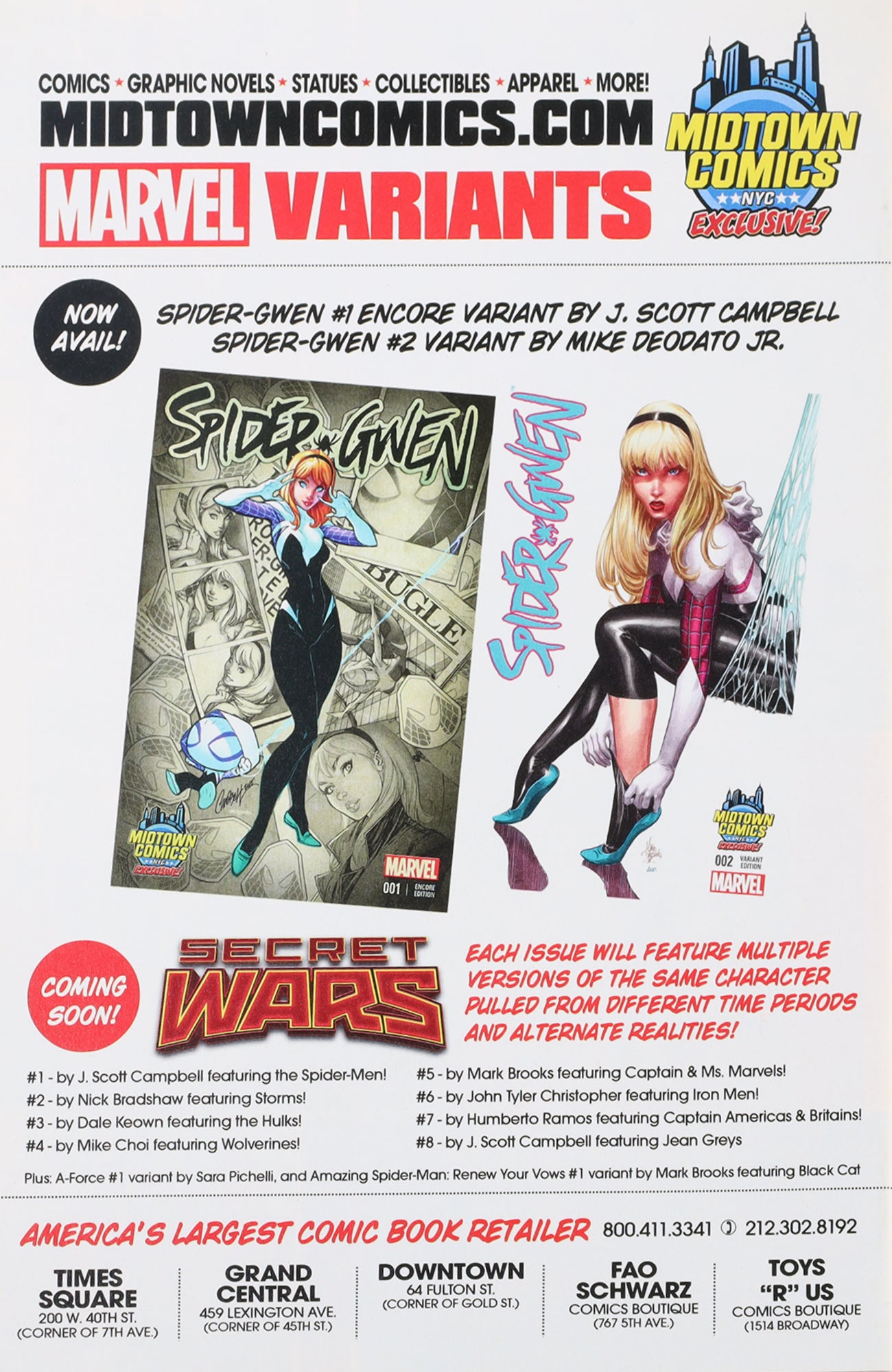 Secret Wars #1 (2015) Marvel Comics Midtown Comics J. Scott Campbell Variant